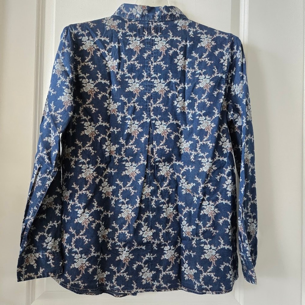Overland Womens Floral Button Down Shirt Tencel Cotton Midnight Blue‎ Casual M - Picture 4 of 6
